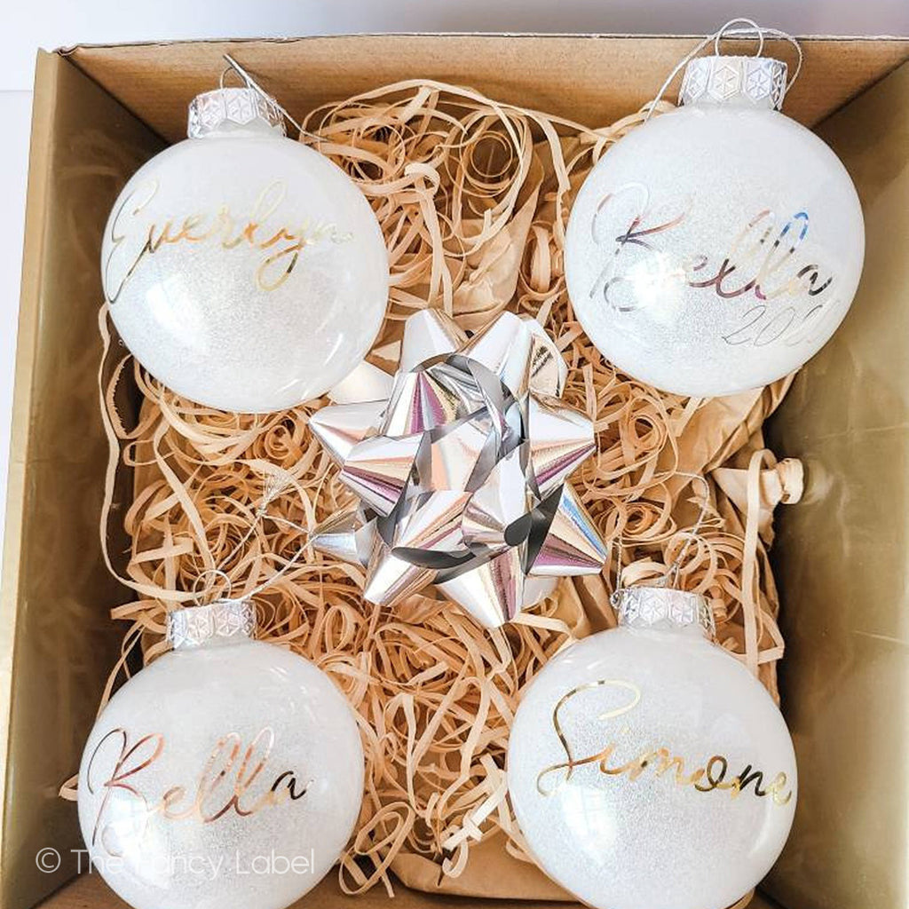 Personalised White Glitter Bauble Elegant Christmas Xmas Pack of Four