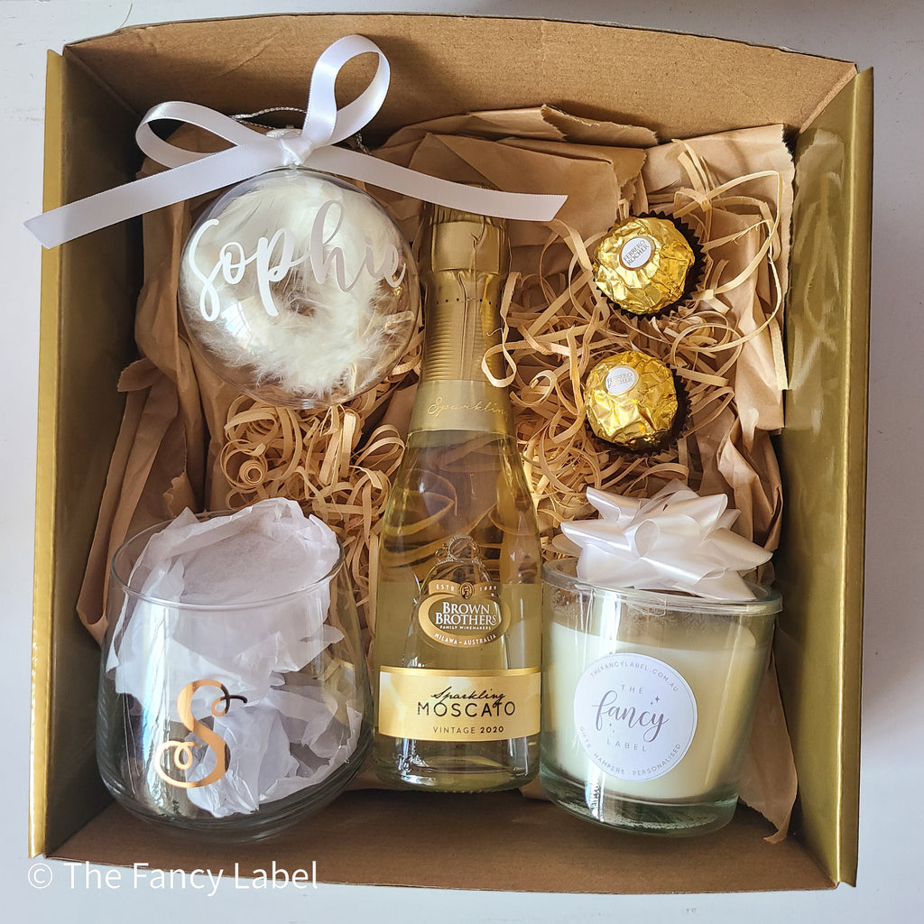xmas hamper gift set personalised gold and white christmas ornament