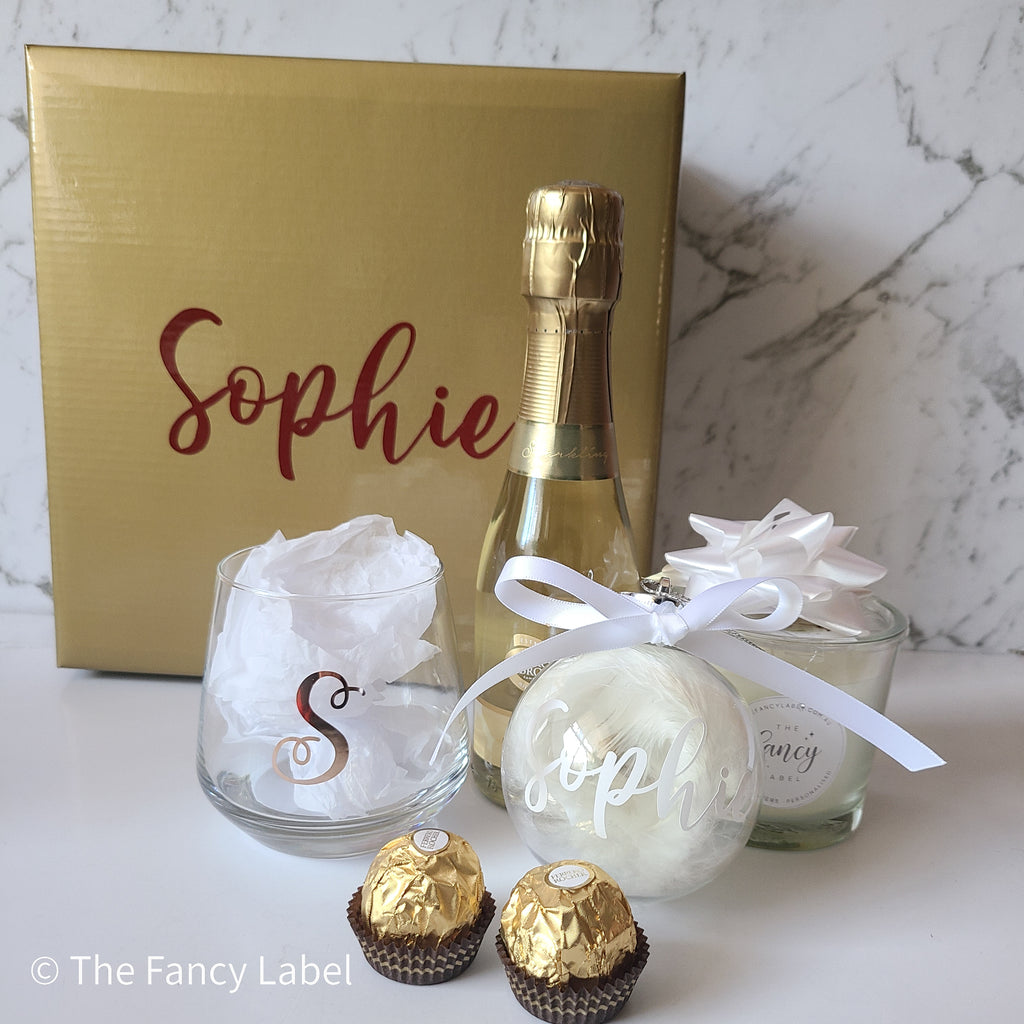 xmas hamper gift set personalised gold and white christmas ornament