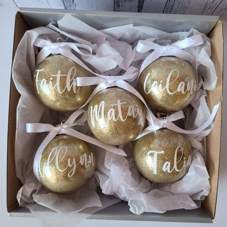 Personalised Christmas Baubles glitter with bow Gold Tree Ornaments