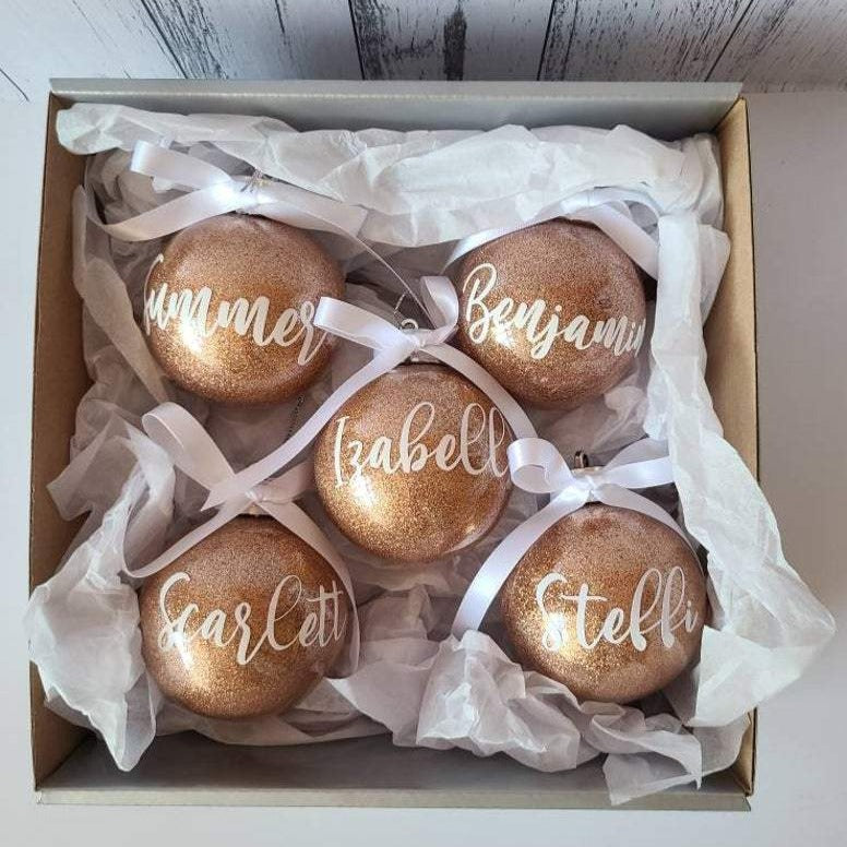 Personalised christmas glitter baubles with bow in rose gold