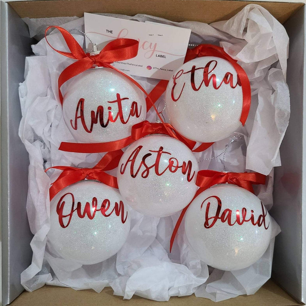 Personalised Christmas Glitter Baubles with bow white and red for tree ornaments