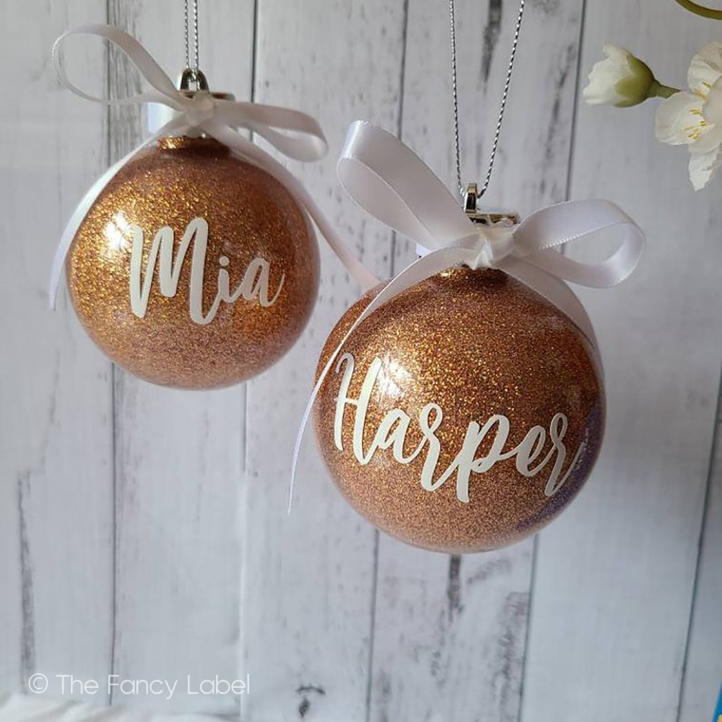 Bauble rose gold personalised australia glitter bauble with white bow
