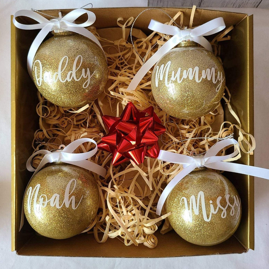 personalised christmas baubles glitter with bow gold family set of 4