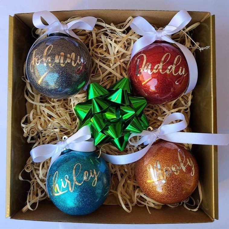 personalised christmas bauble ornaments glitter with bow set of 4 pretty tree ornaments