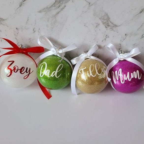 personalised christmas bauble ornaments glitter with bow set of 4 pretty tree ornaments
