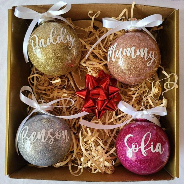 personalised christmas bauble ornaments glitter with bow set of 4 pretty tree ornaments