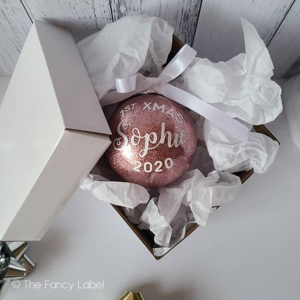 Baby's First Christmas Personalised Bauble in Baby Pink Glitter Ornament with Bow