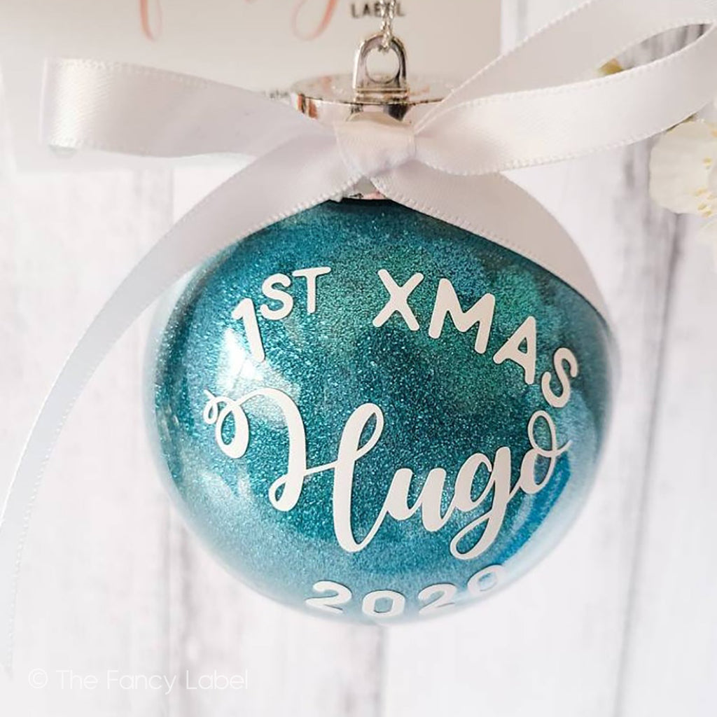 Baby's First Christmas Personalised Bauble in Blue Glitter Ornament with Bow