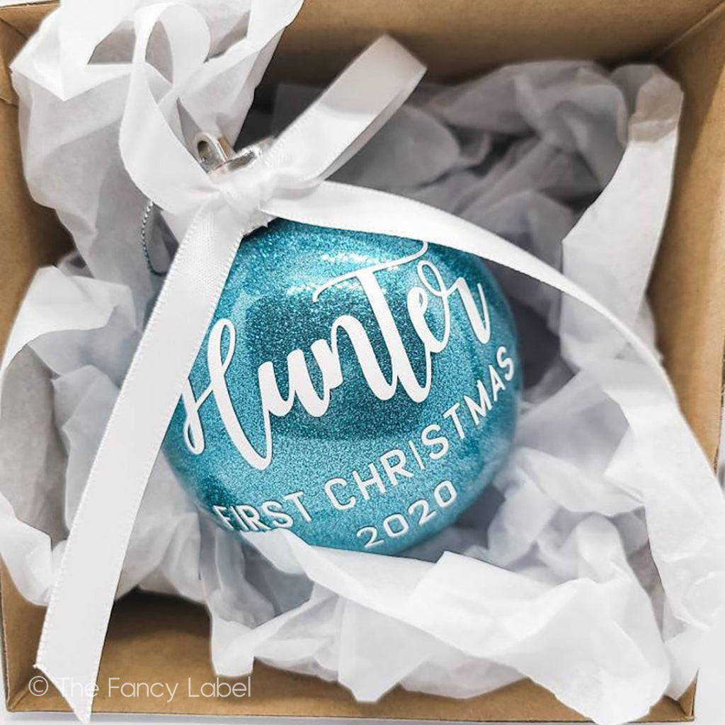 Baby's First Christmas Personalised Bauble in Blue Glitter Ornament with Bow