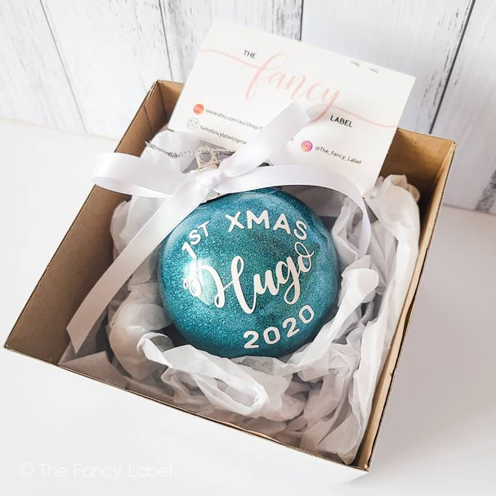 Baby's First Christmas Personalised Bauble in Blue Glitter Ornament with Bow
