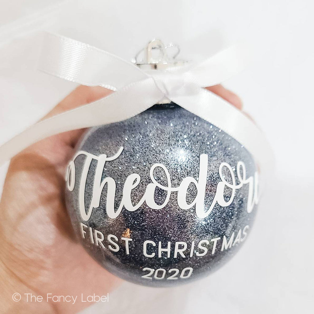 Baby's First Christmas Personalised Bauble in Charcoal Glitter Ornament with Bow