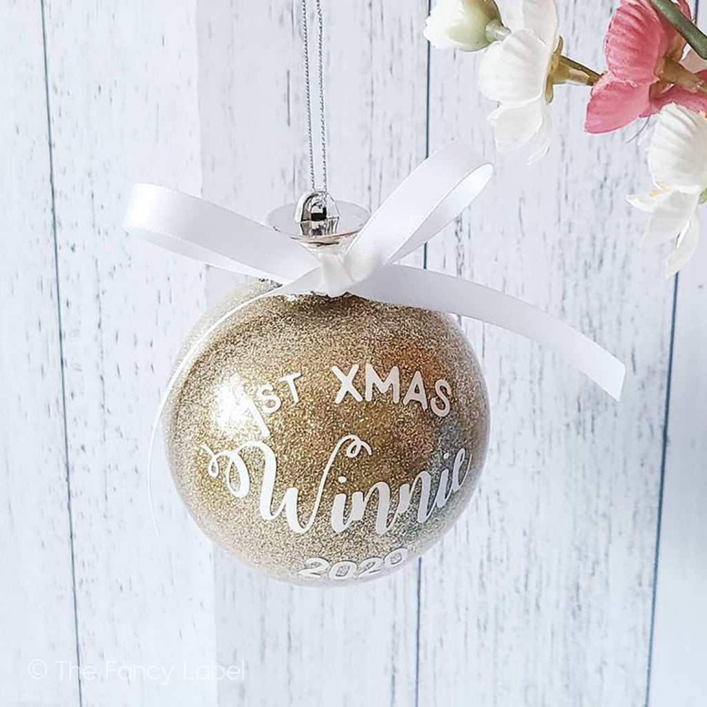 Baby's First Christmas Personalised Bauble in Gold Glitter Ornament with Bow