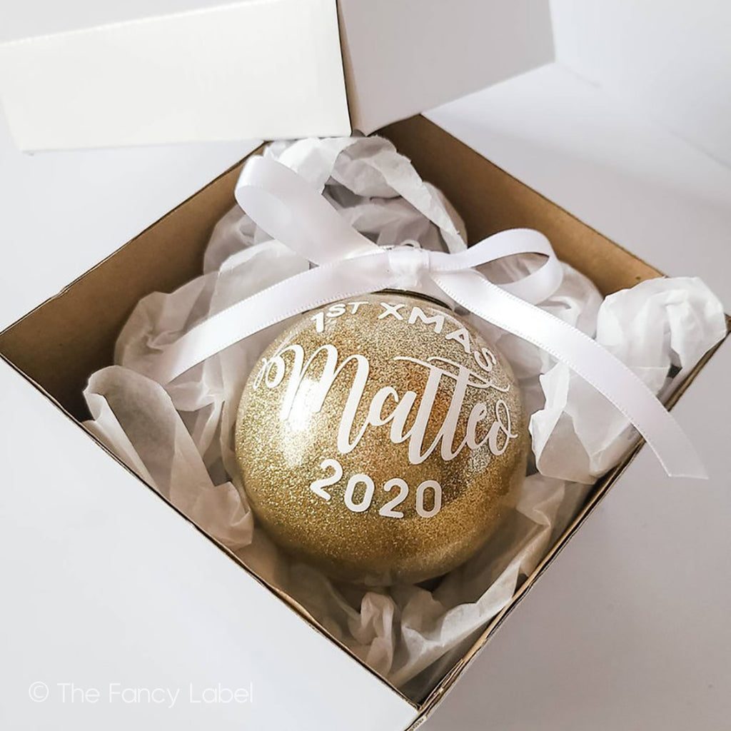 Baby's First Christmas Personalised Bauble in Gold Glitter Ornament with Bow