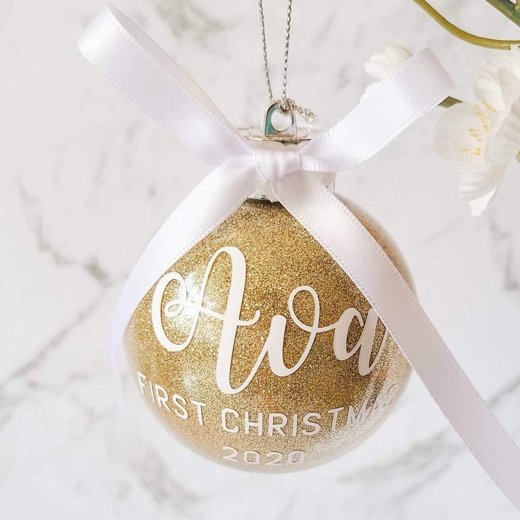 Baby's First Christmas Personalised Bauble in Gold Glitter Ornament with Bow