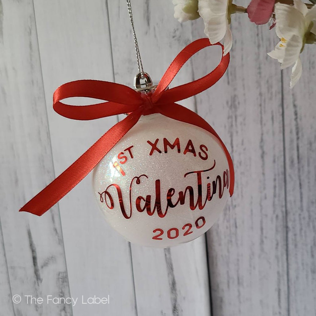 Baby's First Christmas Personalised Bauble in White and red Glitter Ornament with Bow