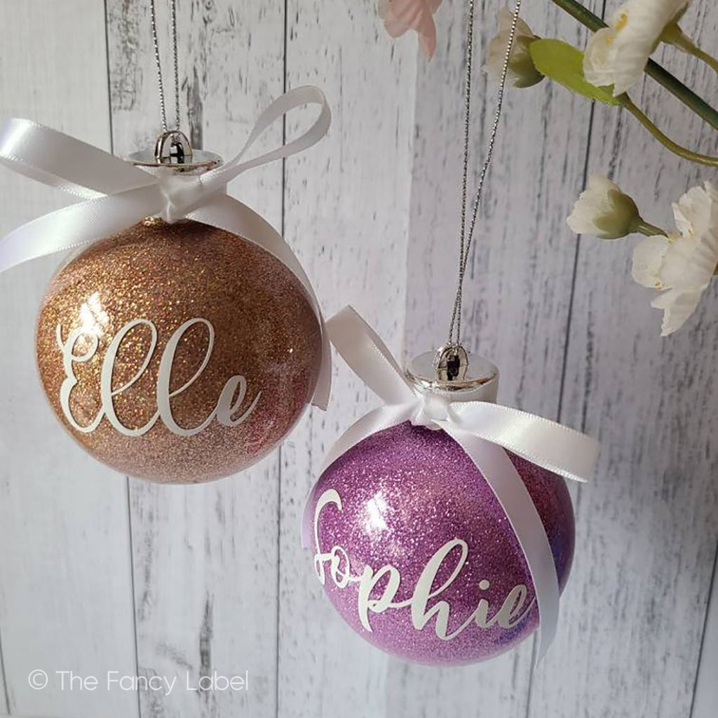 Bauble rose gold personalised australia glitter bauble with white bow