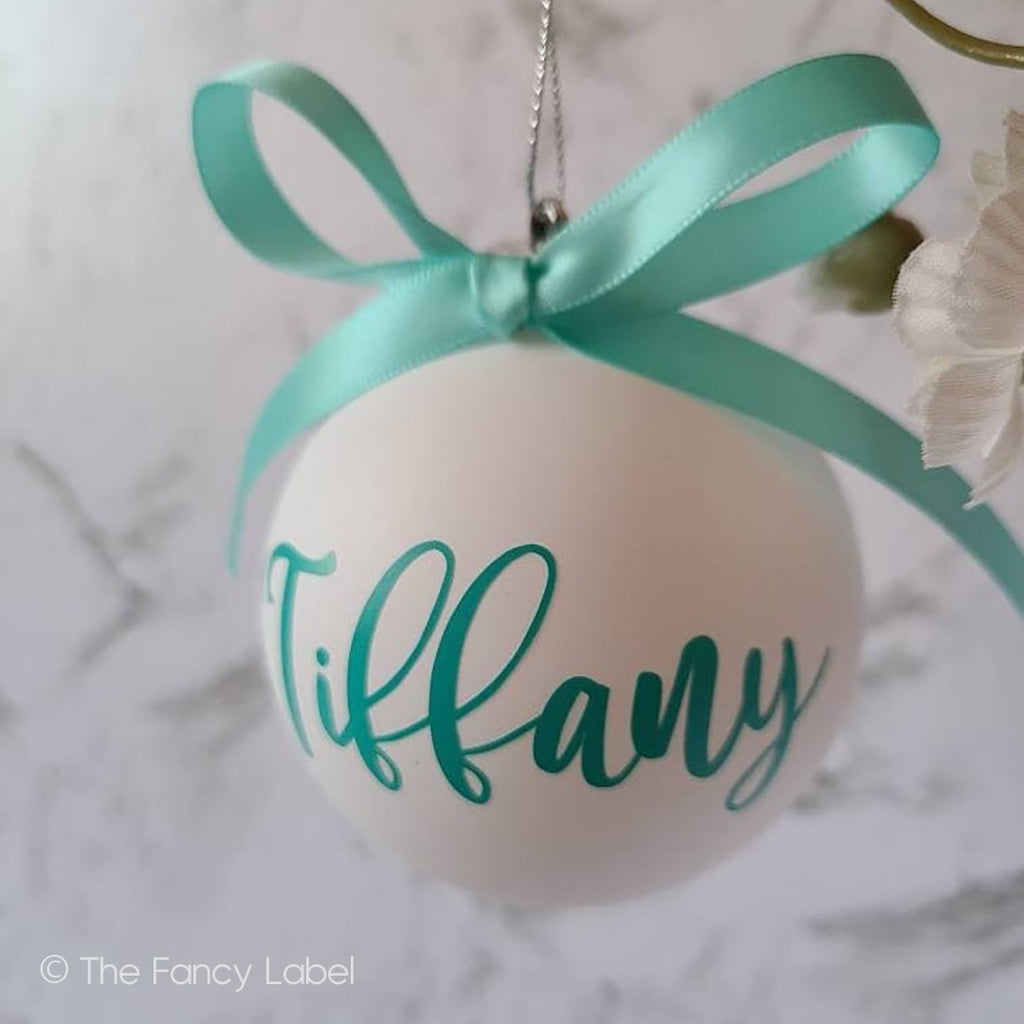 white and turquoise christmas name bauble personalised ornaments