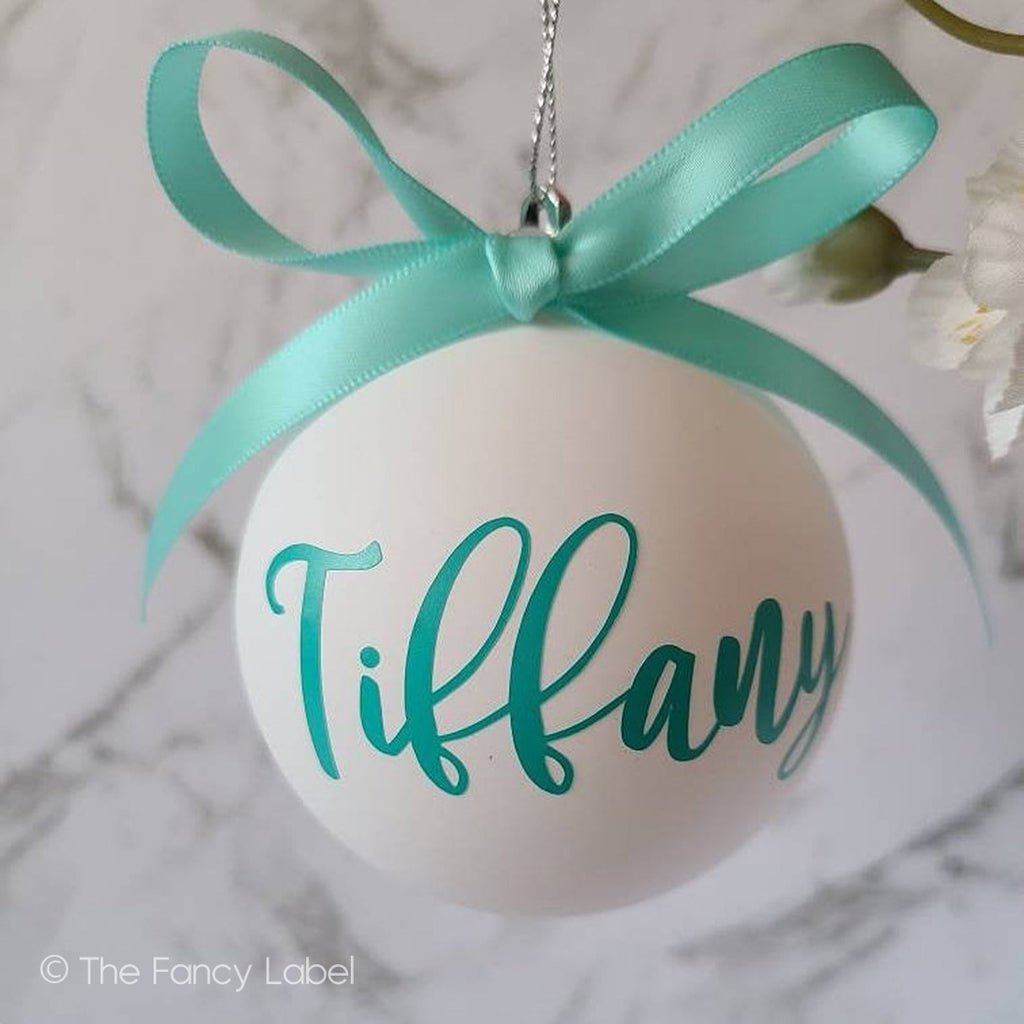 white and turquoise christmas name bauble personalised ornaments