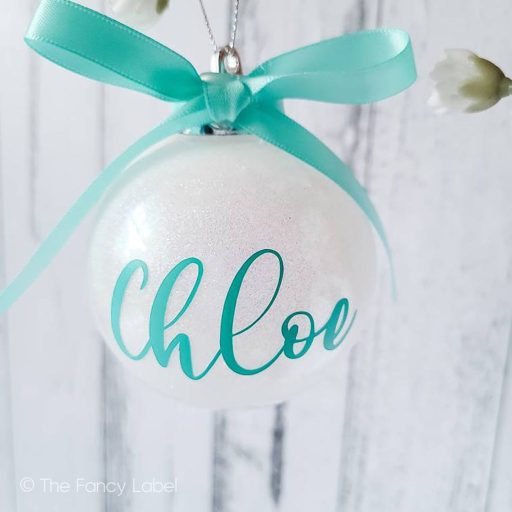 TIFFANY BLUE TURQUOISE GLITTER WHITE CHRISTMAS BAUBLE ORNAMENT PERSONALISED NAME