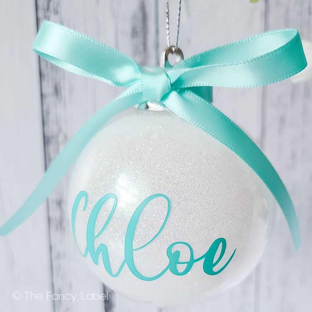 TIFFANY BLUE TURQUOISE GLITTER WHITE CHRISTMAS BAUBLE ORNAMENT PERSONALISED NAME