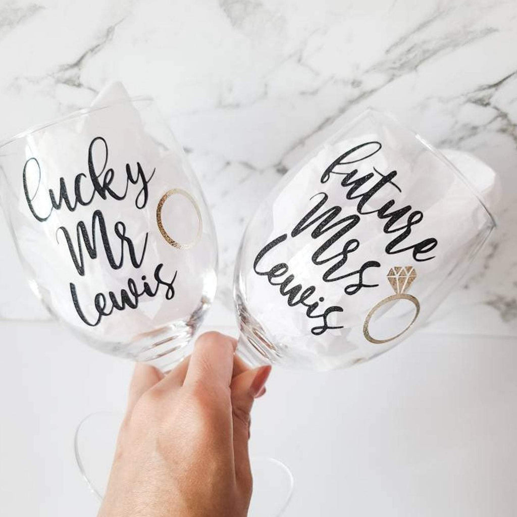 Engaged couple future mrs lucky mr stem wine glass personalised gift