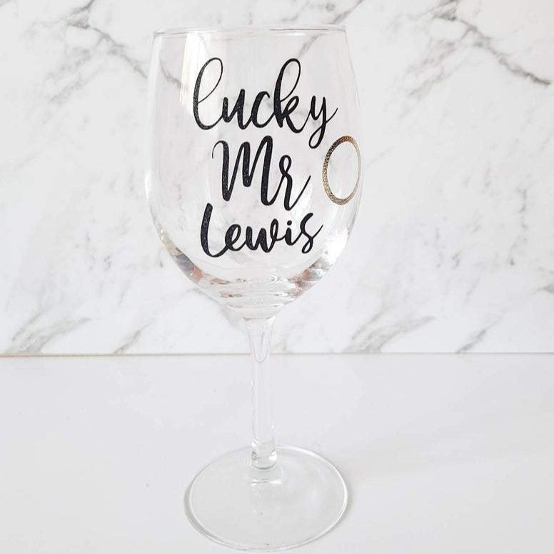 Engaged couple future mrs lucky mr stem wine glass personalised gift