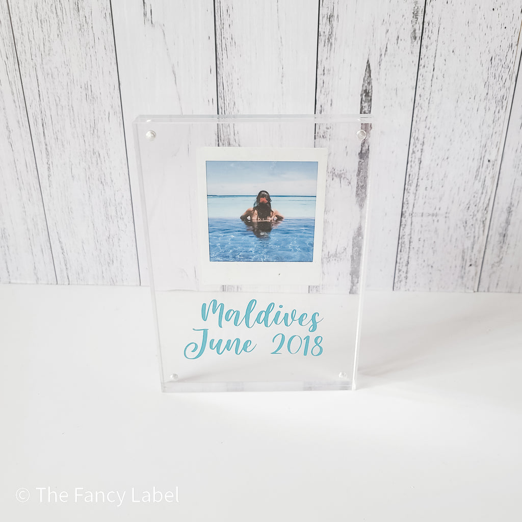 personalised floating frame with polaroid photo and customised message holiday photos