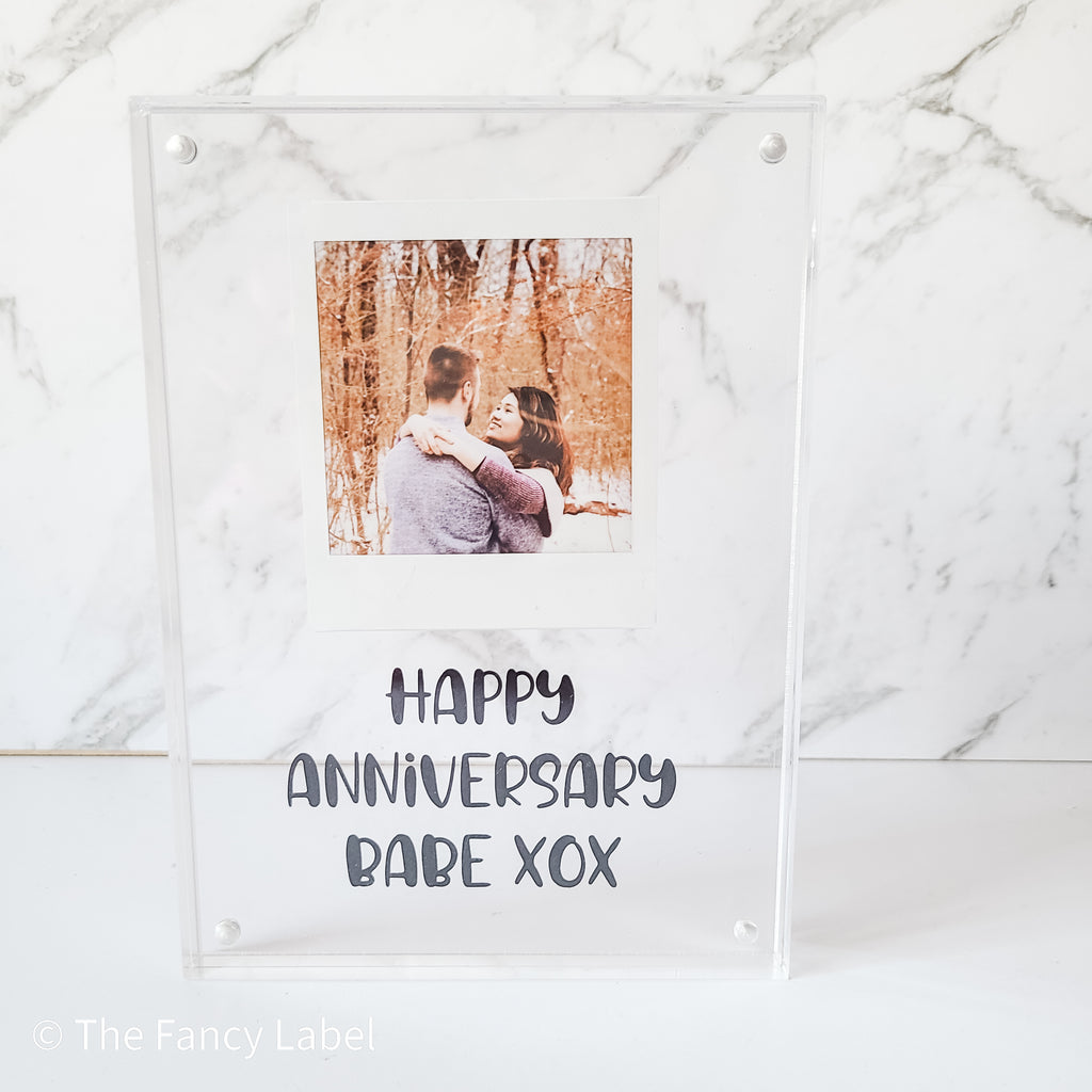 personalised floating frame with polaroid photo and customised message couple photos