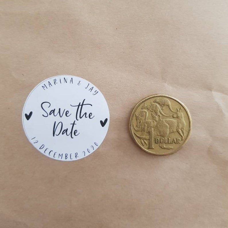 Personalised save the date round stickers for weddings and bridal showers, birthdays