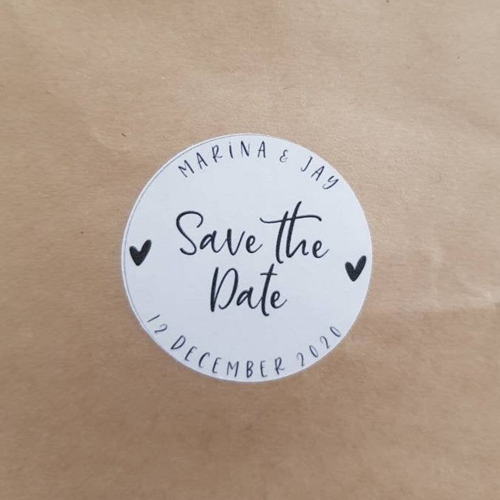 Personalised save the date round stickers for weddings and bridal showers, birthdays