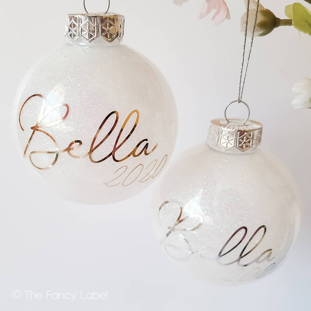 Two Personalised White Glitter Bauble Elegant Christmas Xmas