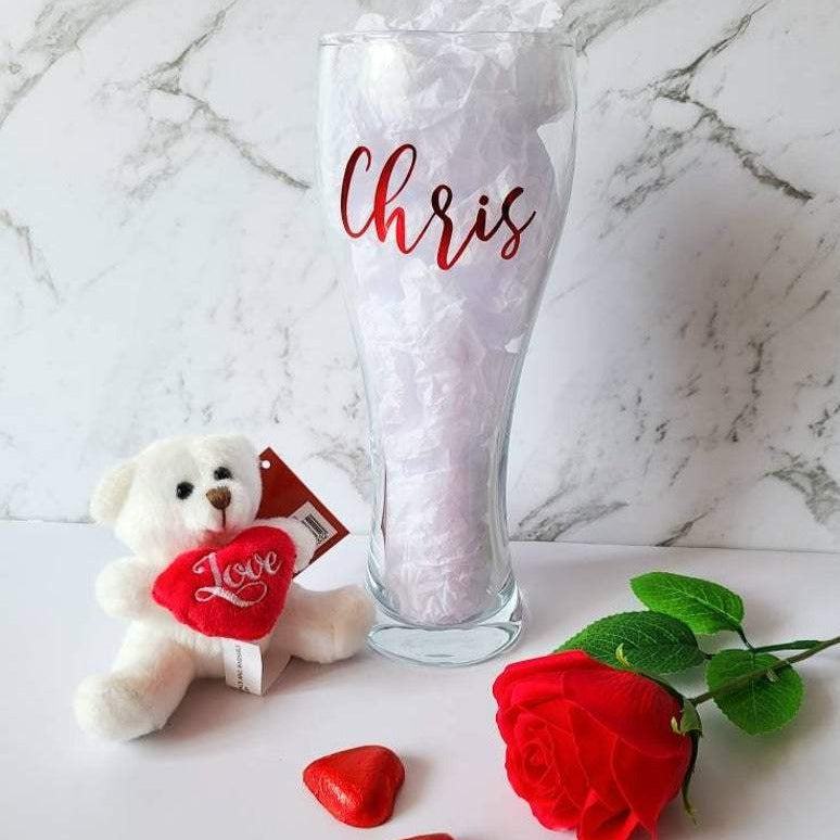 personalised hamper valentines gifts for him gifts for her beer glass with bear and rose and chocolates