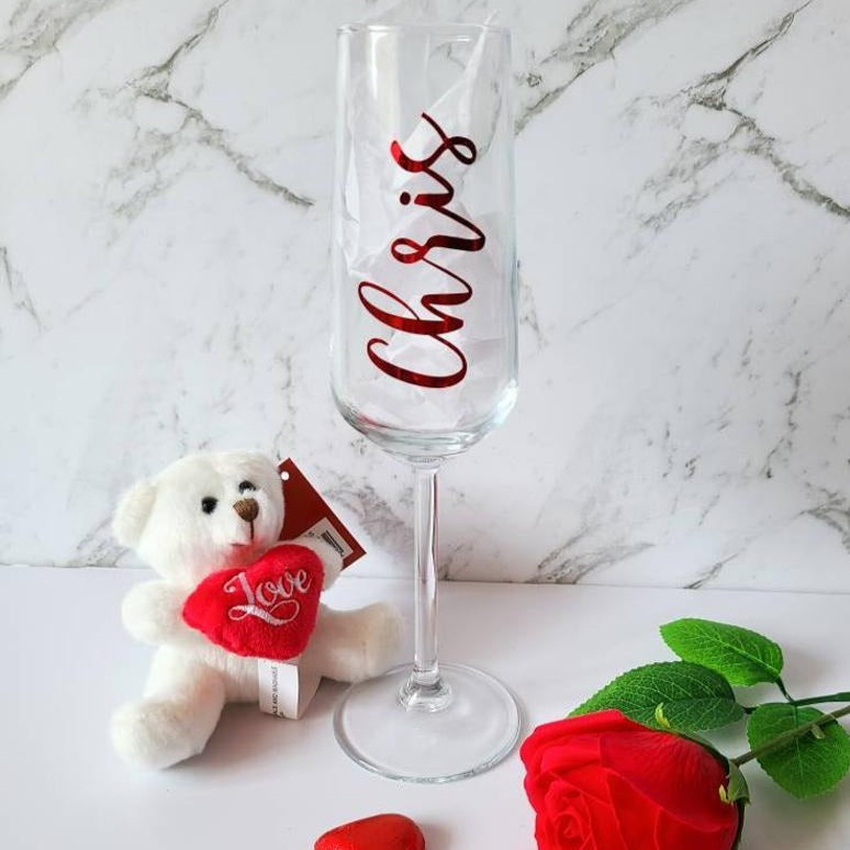 personalised champagne glass gift box with bear chocolates rose and personalised gift box