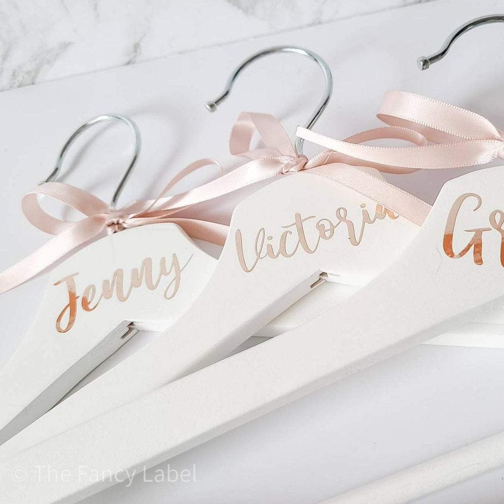 Personalised Coat Clothes Hanger rose gold and white with bow for bridal and wedding favours